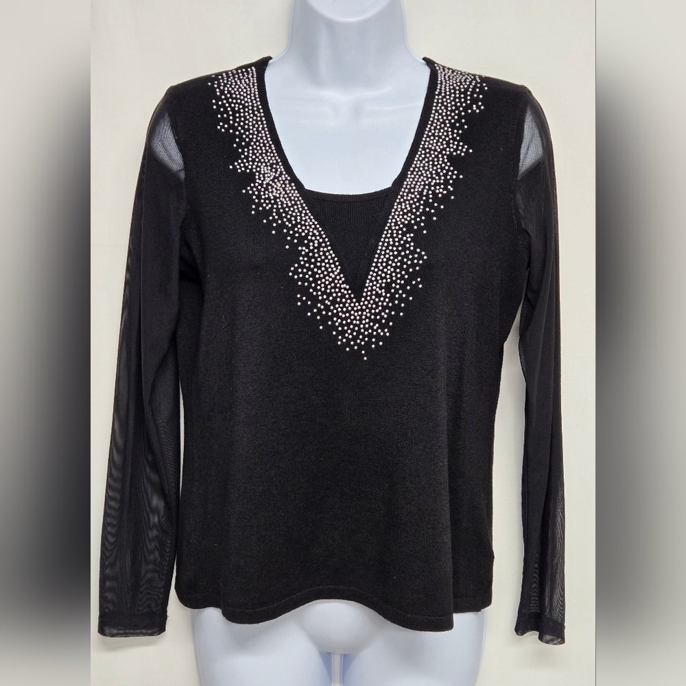 Andrea Jovine M Top Black Silver Embellished Beads Sheer Sleeves Knit Stretch